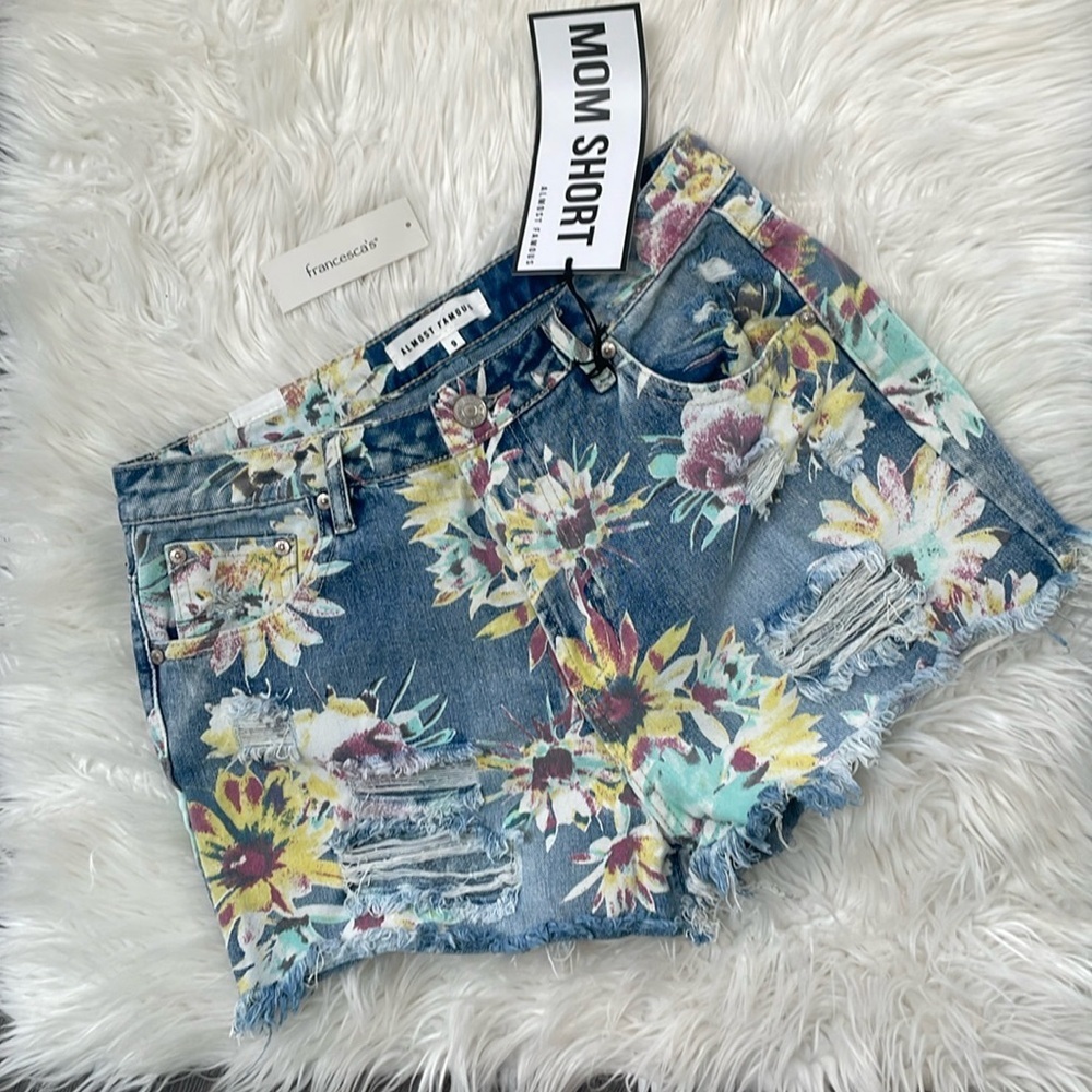 NWT Almost Famous Distressed Ripped Butterfly Floral Print Jean Shorts size 9